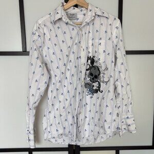 Fender White Button Down Shirt Mens Medium Rock Roll Skulls